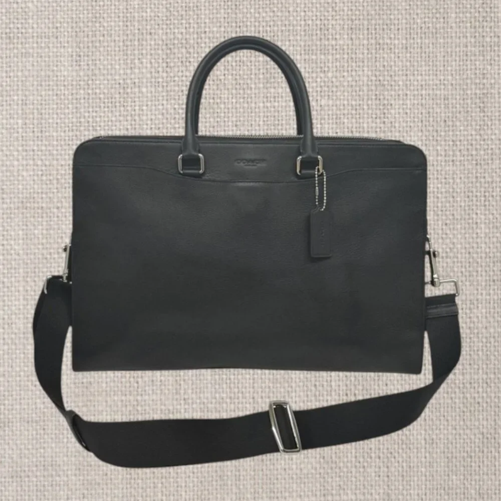 NWT COACH Beckett 2-Way Structured Black Leather Shoulder Business Briefcase New